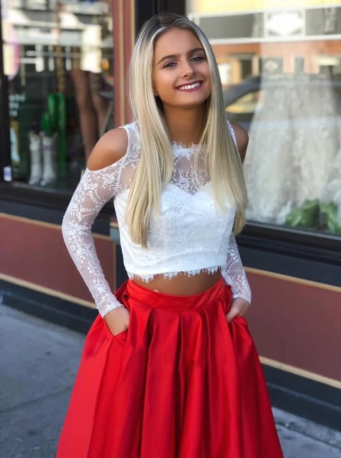 two piece long sleeves cold shoulder red long prom dress with white lace pockets dmi73 two piece long sleeves cold shoulder red long prom dress with white lace pockets dmi73