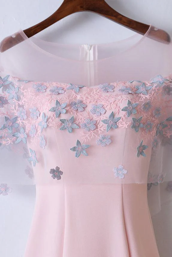 elegant pink round neck short sleeve satin lace applique long prom dress dm649 elegant pink round neck short sleeve satin lace applique long prom dress dm649