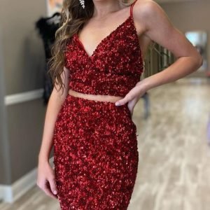 import placeholder for two pieces tight burgundy sequins sheath 160220581