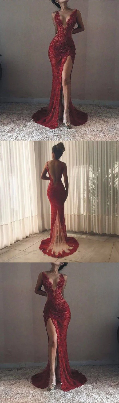 sexy backless burgundy lace high slit deep v neck mermaid long prom dresses dma6 sexy backless burgundy lace high slit deep v neck mermaid long prom dresses dma6