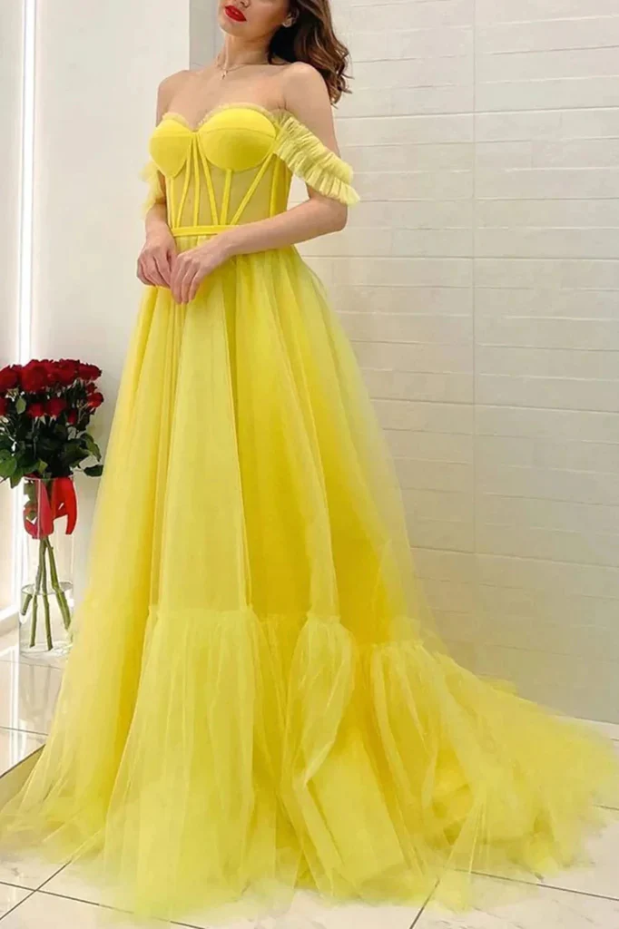 a line off the shoulder yellow tulle long prom dresses, formal evening dresses dm1919 a line off the shoulder yellow tulle long prom dresses, formal evening dresses dm1919