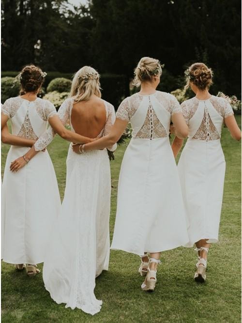a line short sleeves hi low off white satin bridesmaid dress with lace dmr88 a line short sleeves hi low off white satin bridesmaid dress with lace dmr88