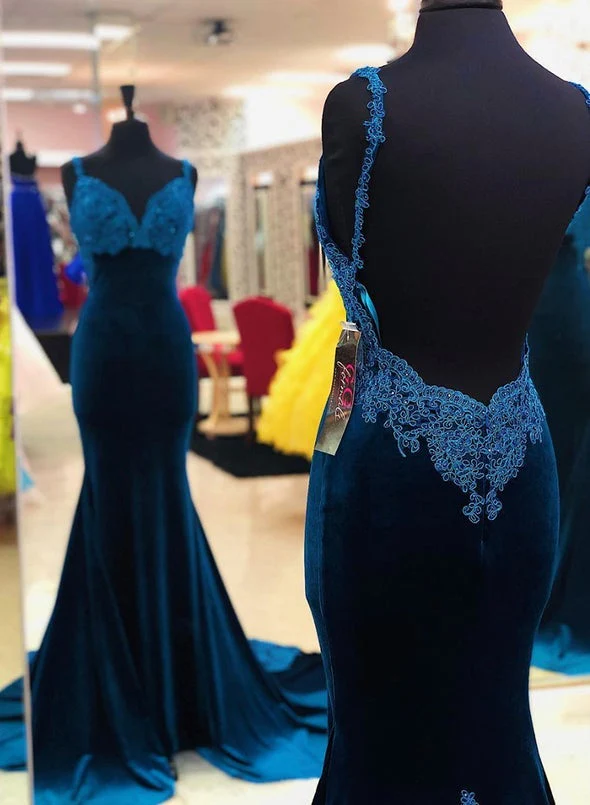blue velvet lace long mermaid prom dresses backless spaghetti straps formal gown dmp080 blue velvet lace long mermaid prom dresses backless spaghetti straps formal gown dmp080