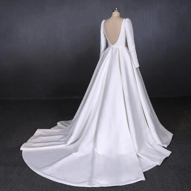 simple a line long sleeves satin wedding dress, new arrival white long bridal gown dmq13 simple a line long sleeves satin wedding dress, new arrival white long bridal gown dmq13