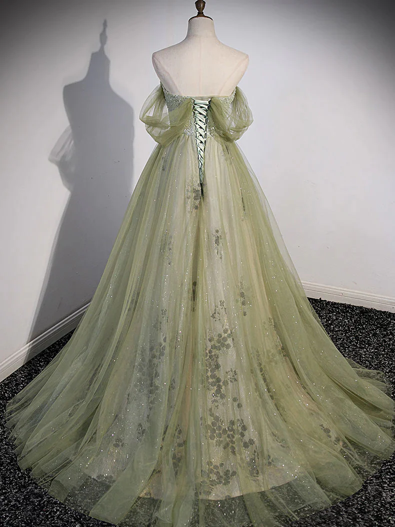 a line green tulle sweetheart long prom dress, formal evening dress with beading dmp293 a line green tulle sweetheart long prom dress, formal evening dress with beading dmp293