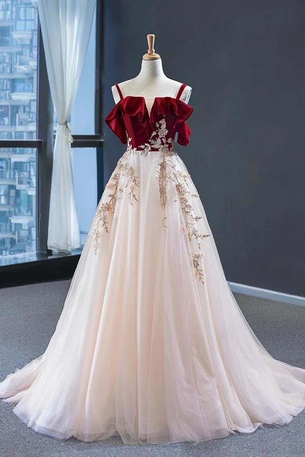 vintage red top straps tulle formal dress, elegant appliques prom dress dmp021 vintage red top straps tulle formal dress, elegant appliques prom dress dmp021