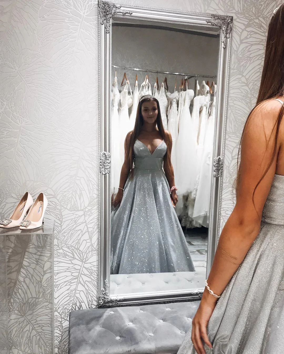 a line v neck spaghetti straps silver sparkle prom dress with pockets dm1964 a line v neck spaghetti straps silver sparkle prom dress with pockets dm1964