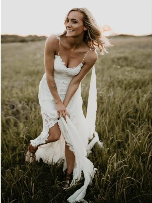 sheath spaghetti straps backless hi low lace boho beach wedding dress dmk40 sheath spaghetti straps backless hi low lace boho beach wedding dress dmk40