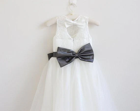 light ivory lace tulle long sleeveless flower girl dress with dark grey sash/bows dm212 light ivory lace tulle long sleeveless flower girl dress with dark grey sash/bows dm212