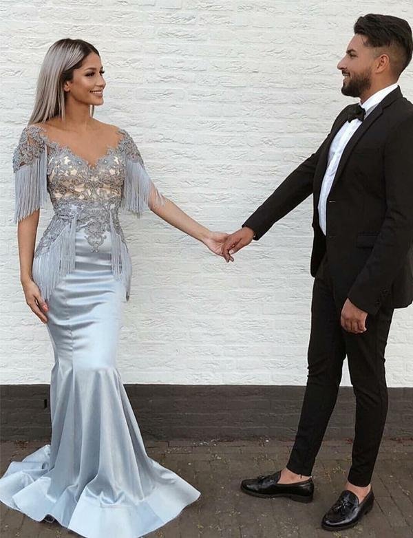 mermaid v neck short sleeve appliques long grey prom dress dmh33 mermaid v neck short sleeve appliques long grey prom dress dmh33