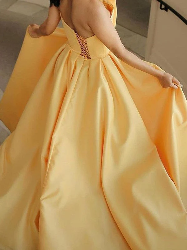 yellow a line satin strapless sleeveless long prom dresses with slit dm1819 yellow a line satin strapless sleeveless long prom dresses with slit dm1819