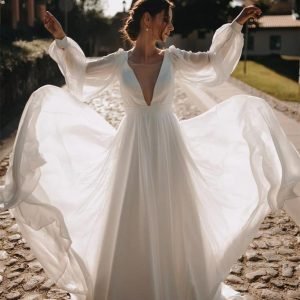 import placeholder for simple chiffon v back wedding gown long 160220442