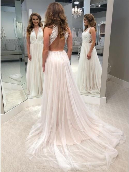 a line v neck open back tulle wedding dress with lace bodice dmk46 a line v neck open back tulle wedding dress with lace bodice dmk46