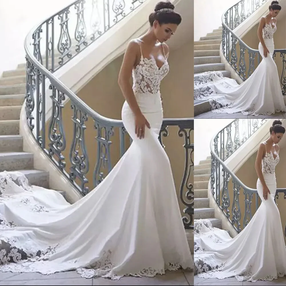 elegant spaghetti straps mermaid spandex wedding dresses with applique court train dme69 elegant spaghetti straps mermaid spandex wedding dresses with applique court train dme69