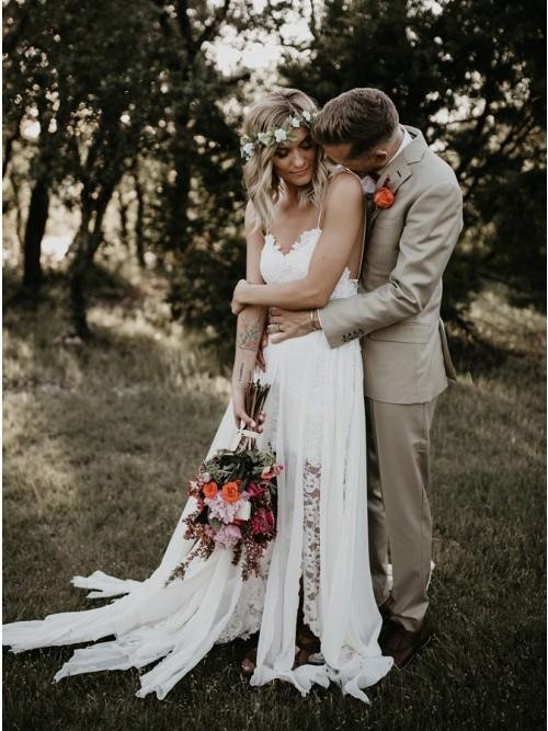 sheath spaghetti straps backless hi low lace boho beach wedding dress dmk40 sheath spaghetti straps backless hi low lace boho beach wedding dress dmk40