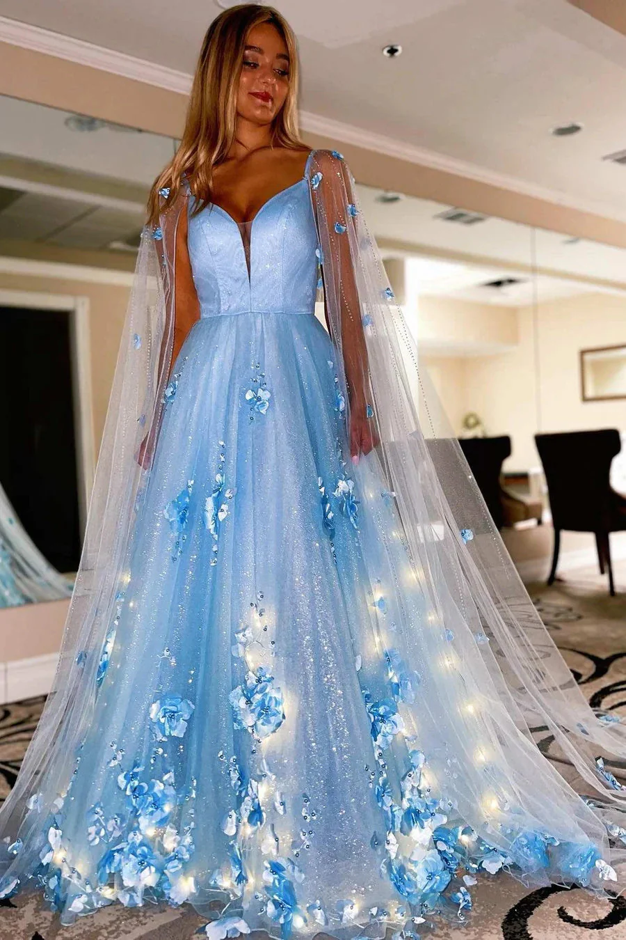 lavender 3d floral lace plunge v a line prom dress with cape sleeves formal evening dress dm1899 lavender 3d floral lace plunge v a line prom dress with cape sleeves formal evening dress dm1899