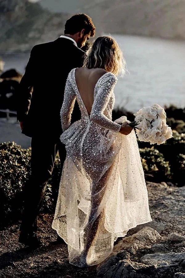 sparkly a line see through deep v neck long sleeves wedding dresses dmw30 sparkly a line see through deep v neck long sleeves wedding dresses dmw30