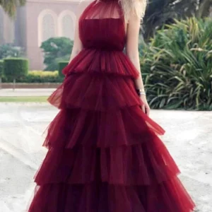 import placeholder for burgundy tulle tiered high neck long ele 160219970