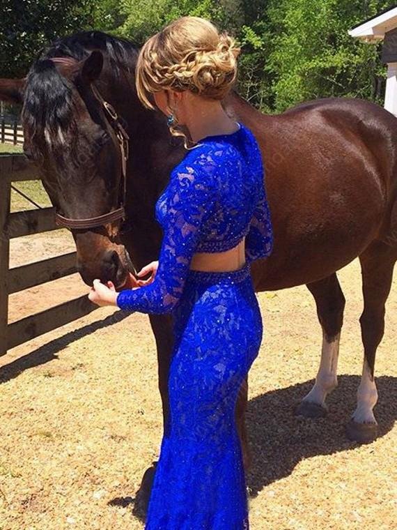 elegant sheath scoop neck lace beading royal blue long sleeve two piece prom dresses dm611 elegant sheath scoop neck lace beading royal blue long sleeve two piece prom dresses dm611