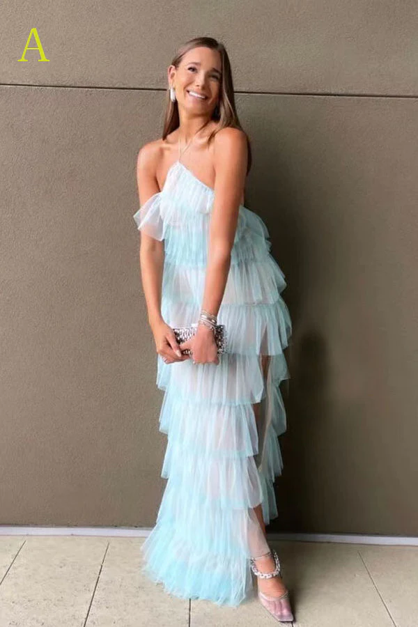 new style halter ruffles tulle prom dresses with slit, long backless party dress dmp116 new style halter ruffles tulle prom dresses with slit, long backless party dress dmp116