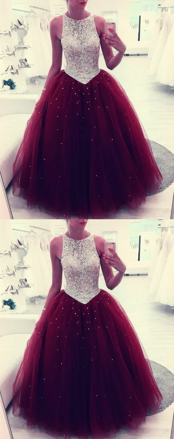 beaded scoop tulle burgundy ball gown prom dress, quinceanera dresses dmf5 beaded scoop tulle burgundy ball gown prom dress, quinceanera dresses dmf5