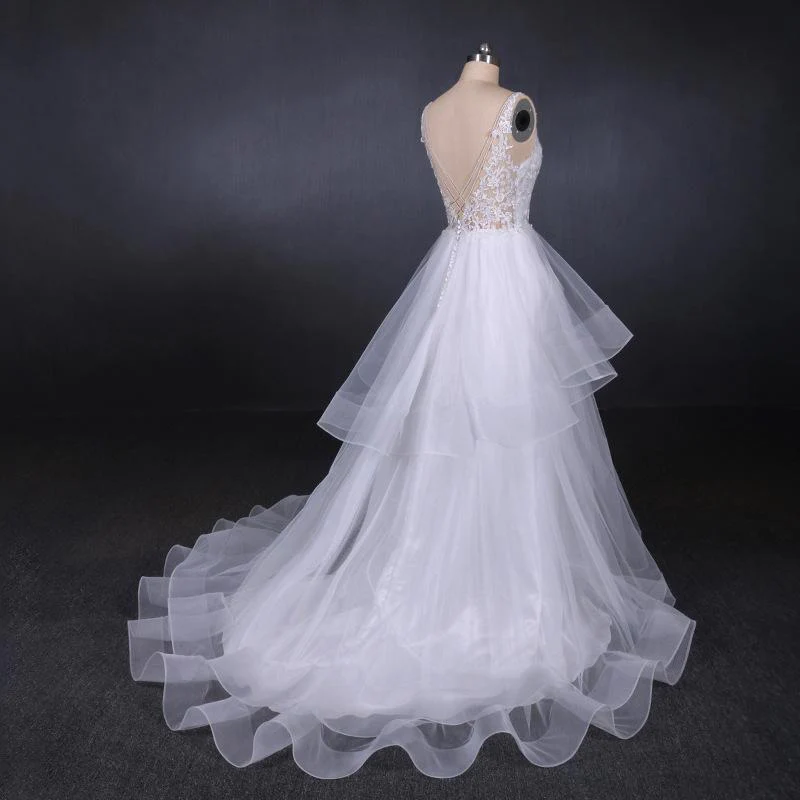 a line v neck layered backless wedding dress, long bridal gown dmq23 a line v neck layered backless wedding dress, long bridal gown dmq23