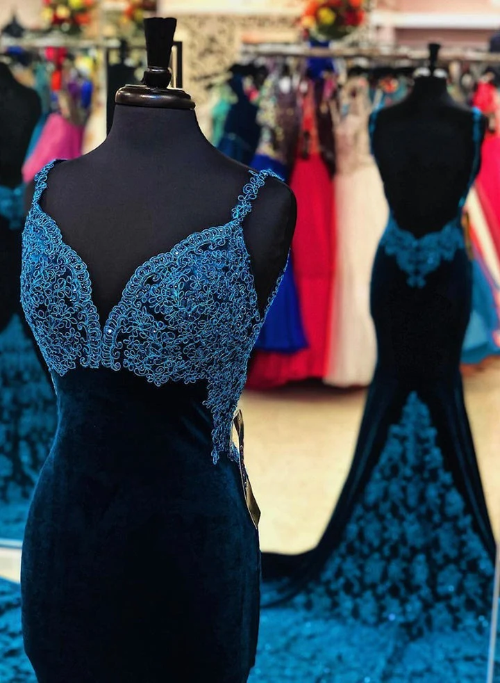 blue velvet lace long mermaid prom dresses backless spaghetti straps formal gown dmp080 blue velvet lace long mermaid prom dresses backless spaghetti straps formal gown dmp080