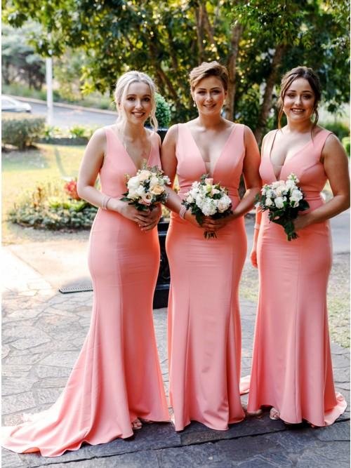 mermaid v neck sweep train pink satin simple bridesmaid dress dmr28 mermaid v neck sweep train pink satin simple bridesmaid dress dmr28