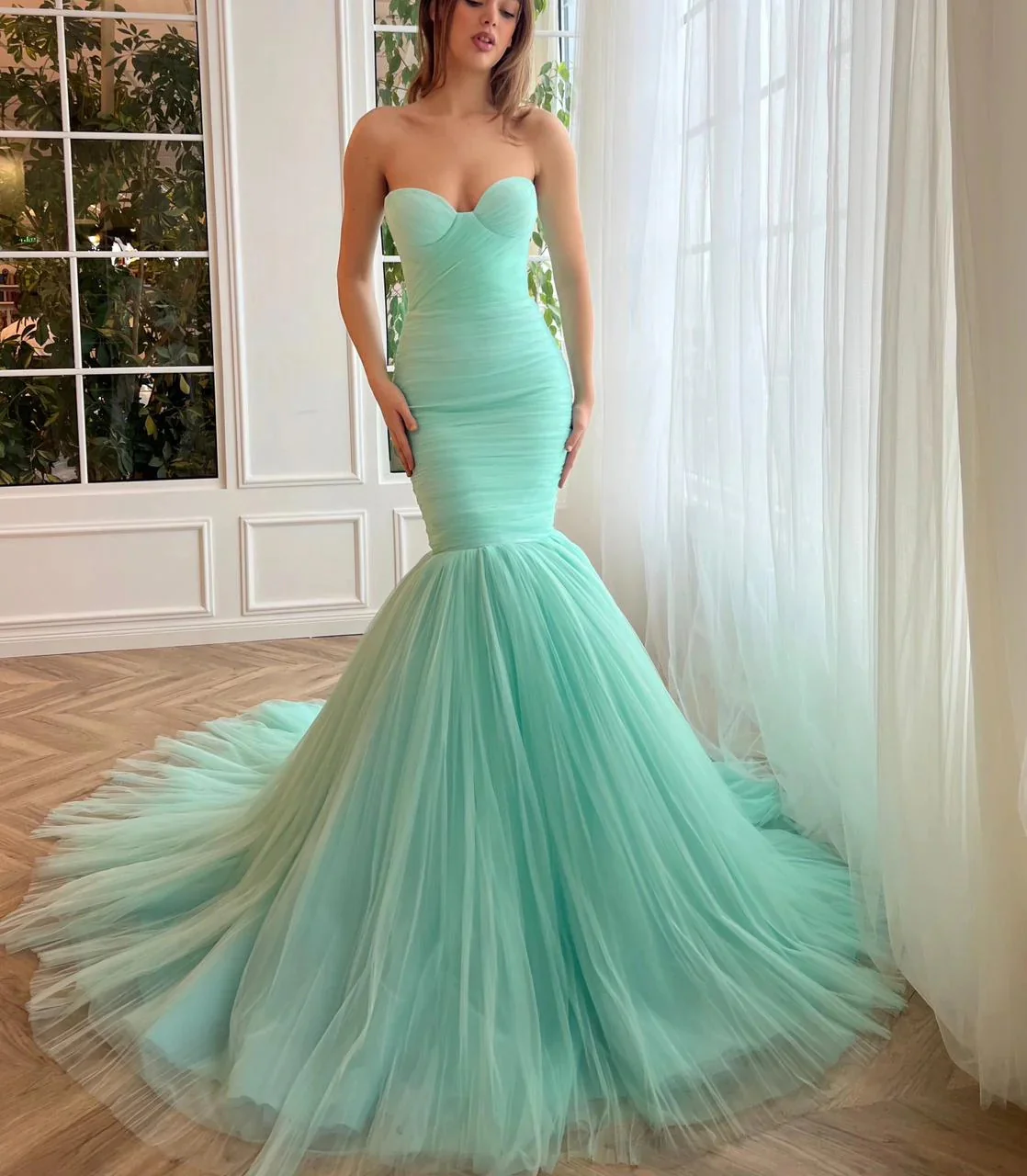 sweetheart mint green mermaid tulle prom dress, strapless formal evening gown dmp267 sweetheart mint green mermaid tulle prom dress, strapless formal evening gown dmp267