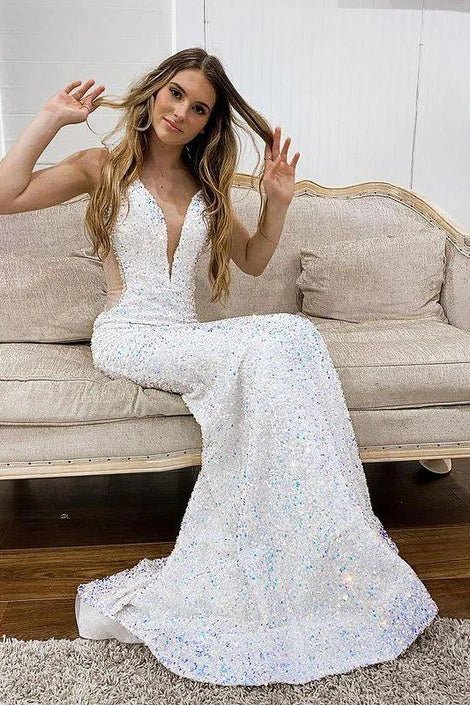 white deep v neck mermaid prom gown, elegant sequined long party dresses dmp157 white deep v neck mermaid prom gown, elegant sequined long party dresses dmp157