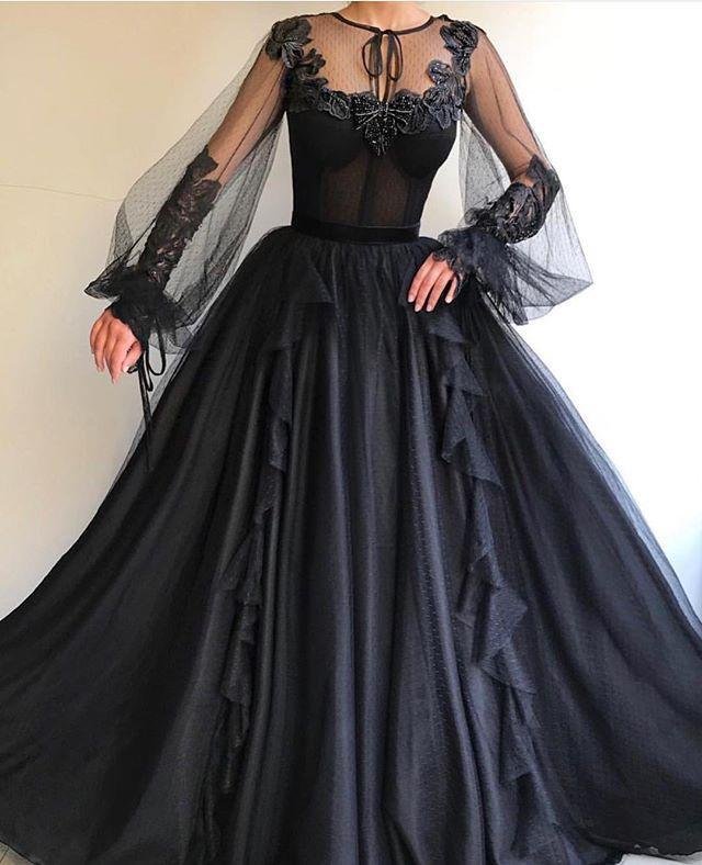 black long a line tulle prom dress, long sleeves modest evening gown dmg82 black long a line tulle prom dress, long sleeves modest evening gown dmg82