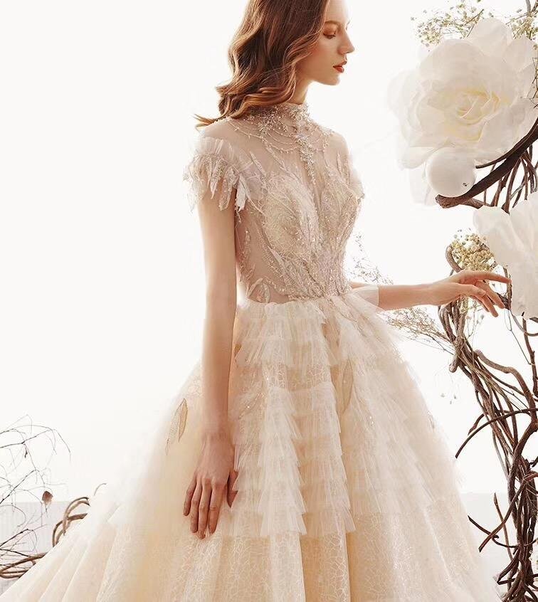 princess high neck ball gown wedding dresses, short sleeves bridal dress dmk1 princess high neck ball gown wedding dresses, short sleeves bridal dress dmk1