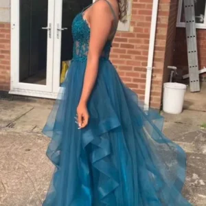 import placeholder for v neck fluffy blue lace long prom dresse 160218886