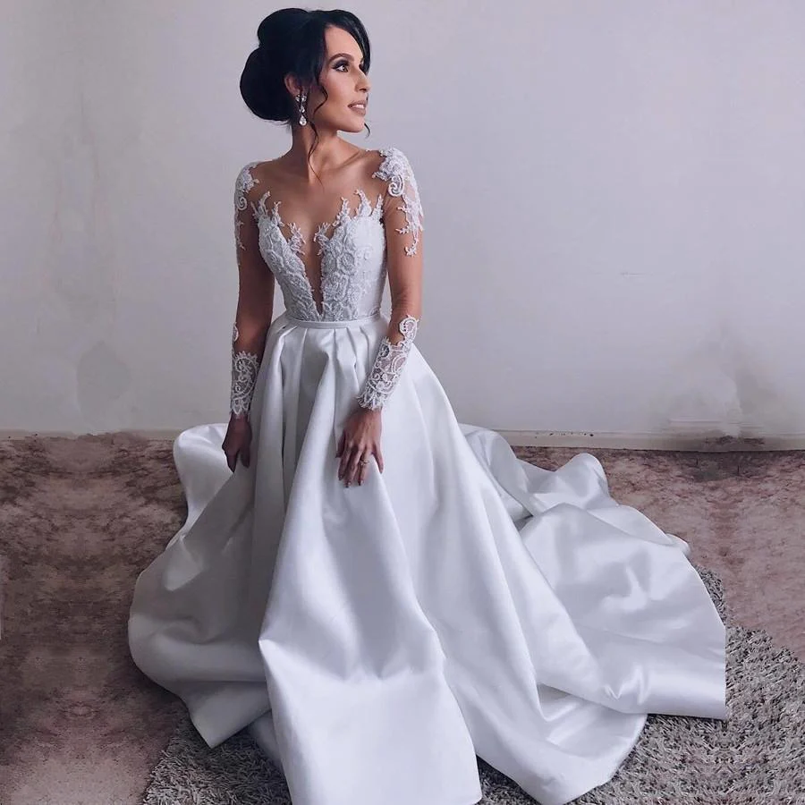 a line long sleeve satin appliques wedding dresses,cheap long bridal dresses dmh77 a line long sleeve satin appliques wedding dresses,cheap long bridal dresses dmh77