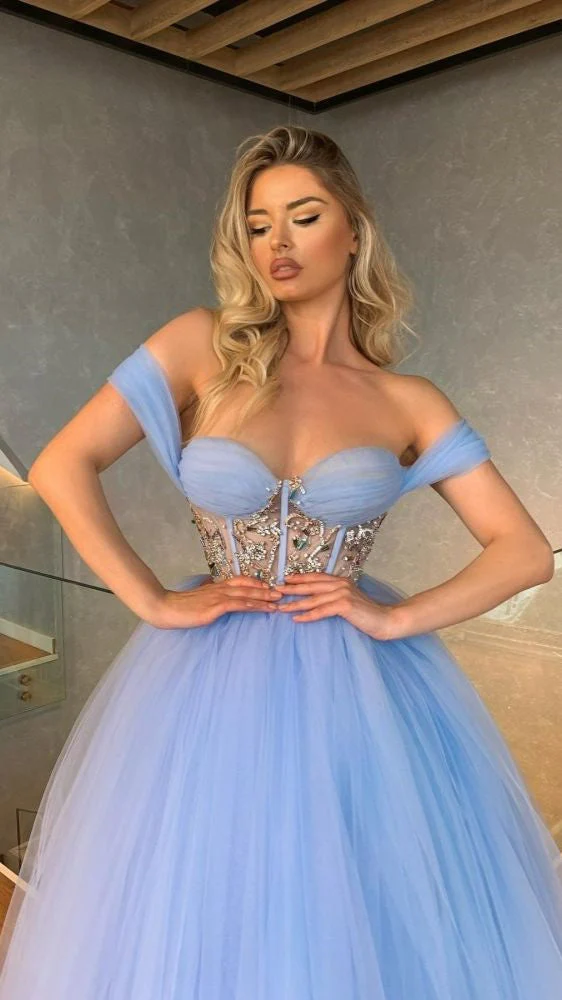 unique off the shoulder sweetheart cristal a line tea length tulle prom dress dm1955 unique off the shoulder sweetheart cristal a line tea length tulle prom dress dm1955