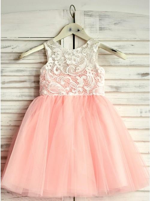 a line round neck floor length pink flower girl dress with lace dmp19 a line round neck floor length pink flower girl dress with lace dmp19