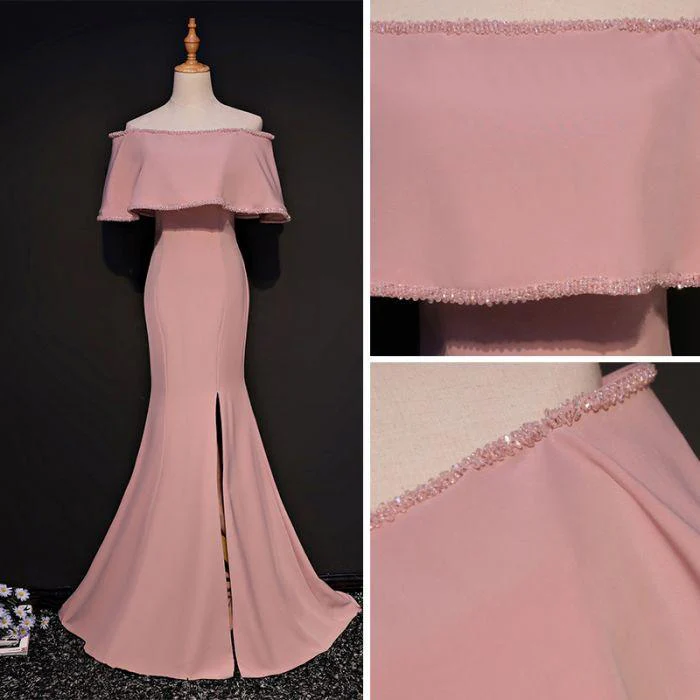 elegant trumpet mermaid off the shoulder floor length pink prom dress with slit dm631 elegant trumpet mermaid off the shoulder floor length pink prom dress with slit dm631