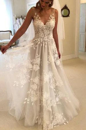 elegant a line v neck tulle floor length wedding dresses with lace appliques dmc94 elegant a line v neck tulle floor length wedding dresses with lace appliques dmc94