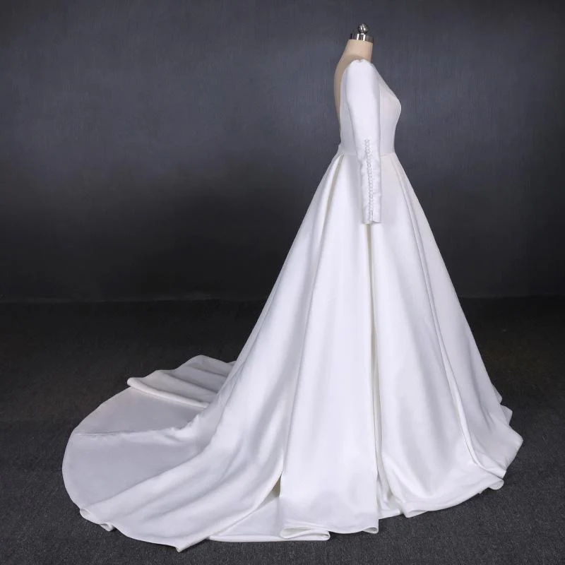 simple a line long sleeves satin wedding dress, new arrival white long bridal gown dmq13 simple a line long sleeves satin wedding dress, new arrival white long bridal gown dmq13