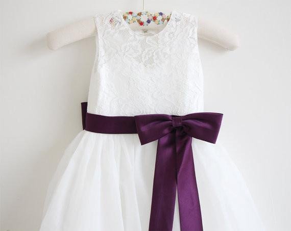 light ivory lace tulle sleeveless floor length flower girl dress with eggplant sash/bows dm213 light ivory lace tulle sleeveless floor length flower girl dress with eggplant sash/bows dm213