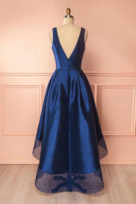 dark blue a line satin lace v neck high low bridesmaid dress,simple prom dresses dm239 dark blue a line satin lace v neck high low bridesmaid dress,simple prom dresses dm239