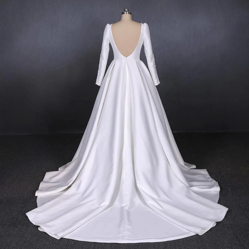 simple a line long sleeves satin wedding dress, new arrival white long bridal gown dmq13 simple a line long sleeves satin wedding dress, new arrival white long bridal gown dmq13