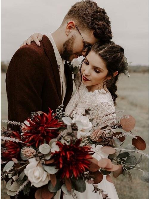 a line round neck long sleeves backless boho wedding dress with lace dms31 a line round neck long sleeves backless boho wedding dress with lace dms31