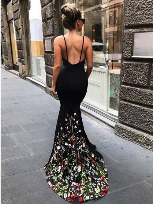 mermaid spaghetti straps sweep train black prom dress with floral embroidery dmk65 mermaid spaghetti straps sweep train black prom dress with floral embroidery dmk65
