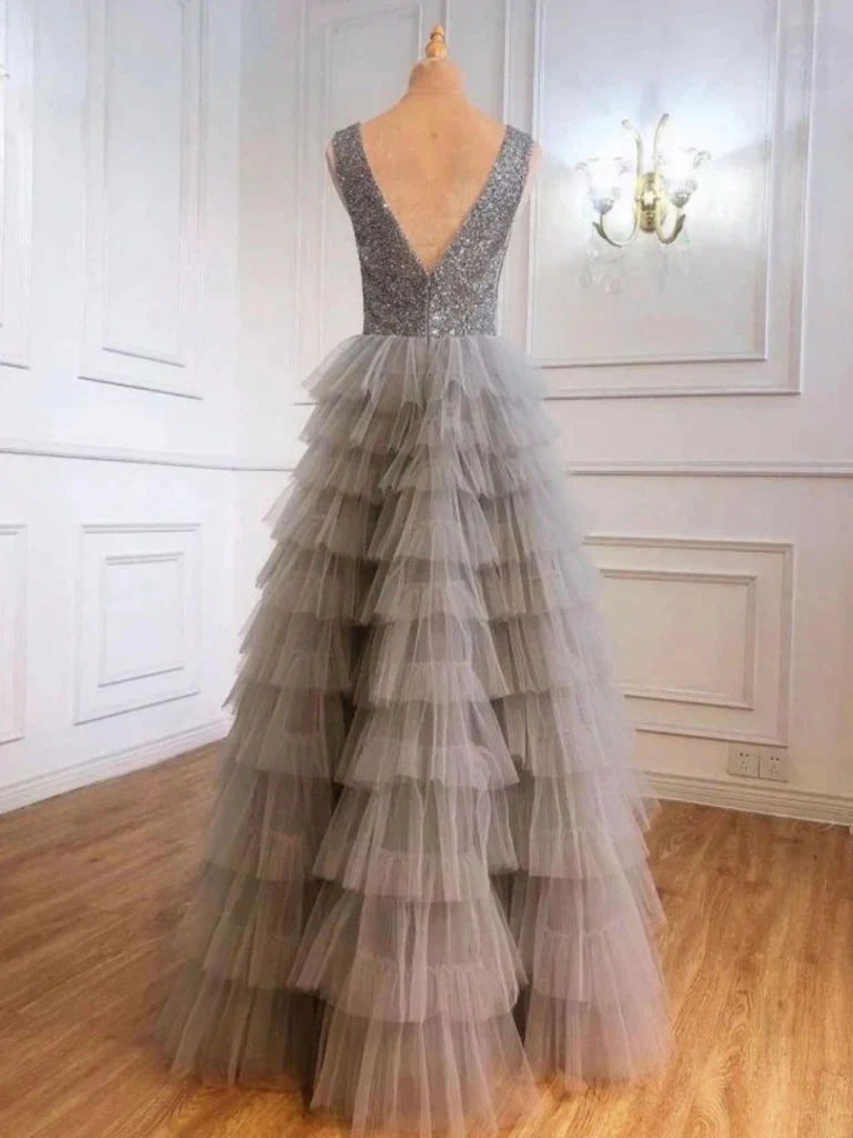 v neck layered gray sequins long prom dresses, a line tulle formal evening dresses dmp334 v neck layered gray sequins long prom dresses, a line tulle formal evening dresses dmp334