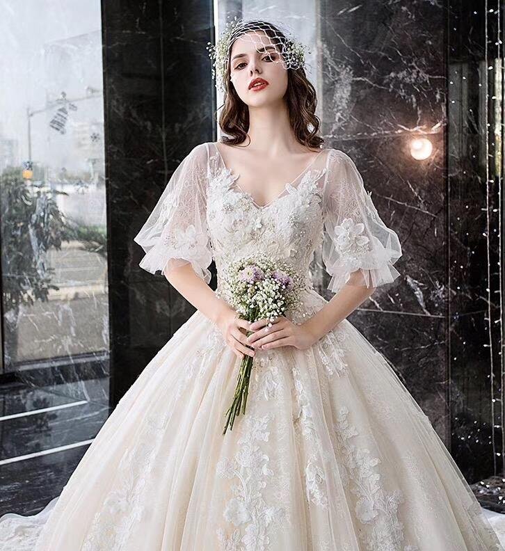 charming half sleeves ball gown wedding dresses, appliques v neck bridal dress dmk2 charming half sleeves ball gown wedding dresses, appliques v neck bridal dress dmk2