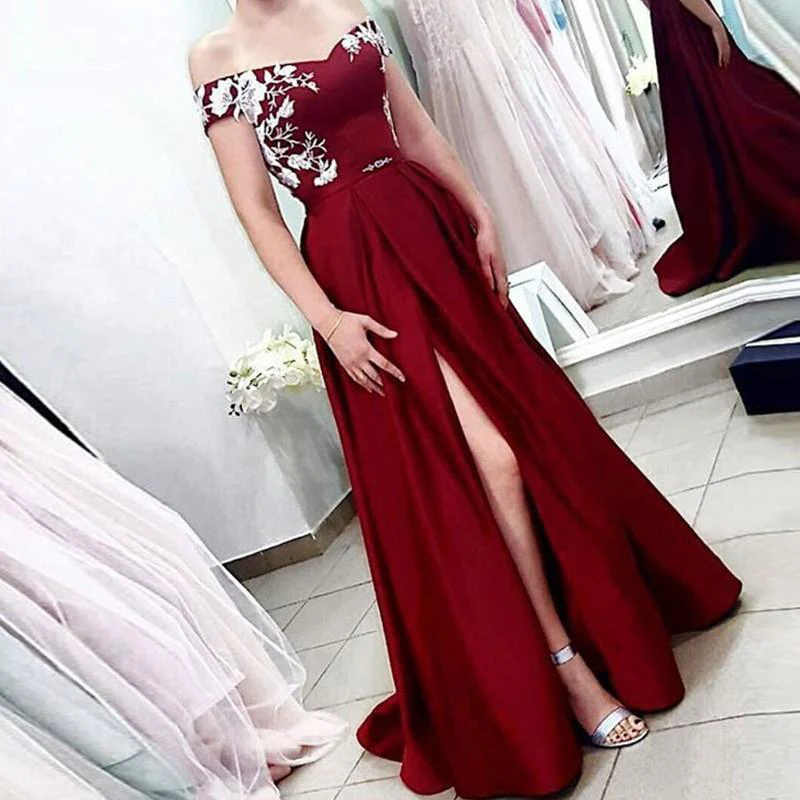 a line off the shoulder short sleeves burgundy satin prom dress with split dmq64 a line off the shoulder short sleeves burgundy satin prom dress with split dmq64
