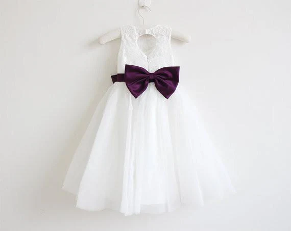 light ivory lace tulle sleeveless floor length flower girl dress with eggplant sash/bows dm213 light ivory lace tulle sleeveless floor length flower girl dress with eggplant sash/bows dm213