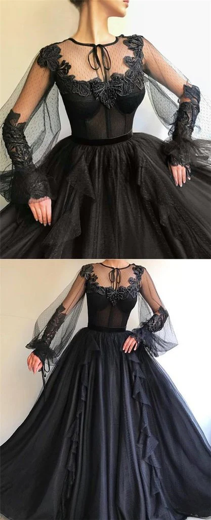 black long a line tulle prom dress, long sleeves modest evening gown dmg82 black long a line tulle prom dress, long sleeves modest evening gown dmg82