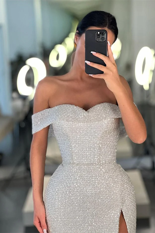 mermaid off white off the shoulder sequins prom dress with split dmp296 mermaid off white off the shoulder sequins prom dress with split dmp296